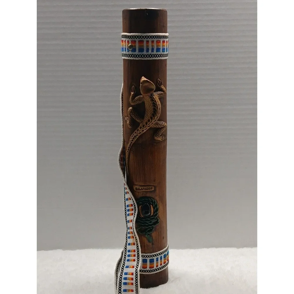 Vintage Hand Carved Bamboo Galapagos Lizard Rainstick Shaker Woven Strap